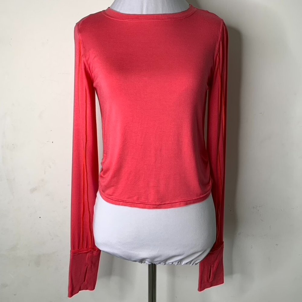 Free People Movement Women’s Red Pink Long Sleeve Semi Crop Top Size Small